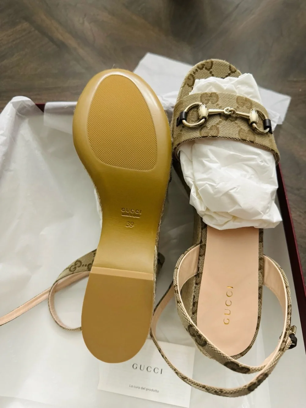 Gucci Tan Monogram Horsebit Slingback Sandals - Picture 3 of 10